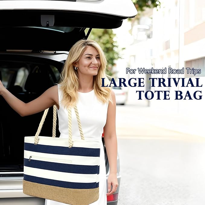 Large Canvas Beach Bag for Women, Beach Bags Waterproof Sandproof with Zipper & Wet Bag Cruise Essentials
