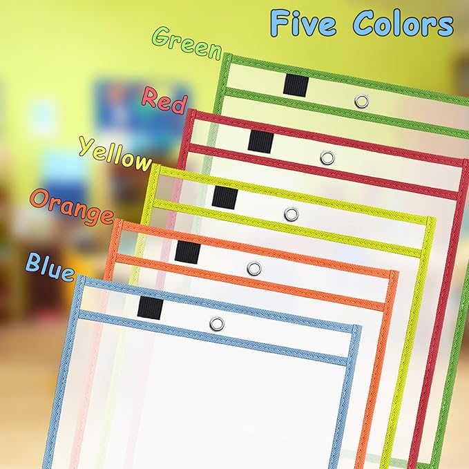 Ndsox 15 Packs Oversized Dry Erase Pockets Reusable Plastic Sleeves, 5 Colors Shop Ticket Holders & Sheet Protectors Document Sleeves for Teachers, Classroom Organization, School Supplies Must Have