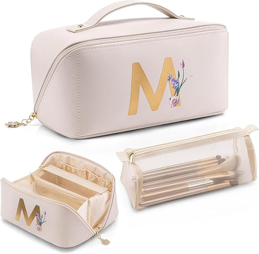 Vlando Mothers Day Gifts,Initial Makeup Bag,Travel Makeup Bag,Teacher Appreciation Gifts Birthday Gifts Bridesmaid Gifts Bride Wedding Gifts Graduation Gifts Valentine's Day Gift(Letter M)
