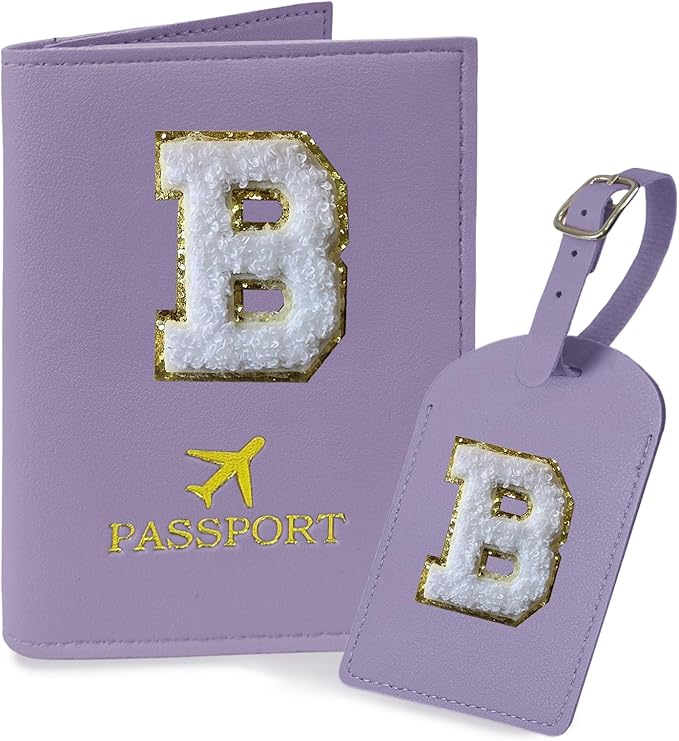 COSHAYSOO Purple Initial Passport Cover and Luggage Tag Set TSA Approved with Chenille Letter Patch for Women Teenage Girls, 2 Pcs Double Passport Holder Best Bag Suitcase Identifier (B)