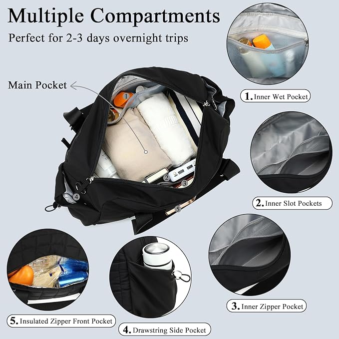 CAMTOP Mini Gym Bag for Women, Small Gym Tote Bag Puffy Quilted Sports Duffel Bag with Wet Compartment and Coin Purse Duffel Bags Dance Yoga Workout Bag for Gifts (Black, Medium-16")