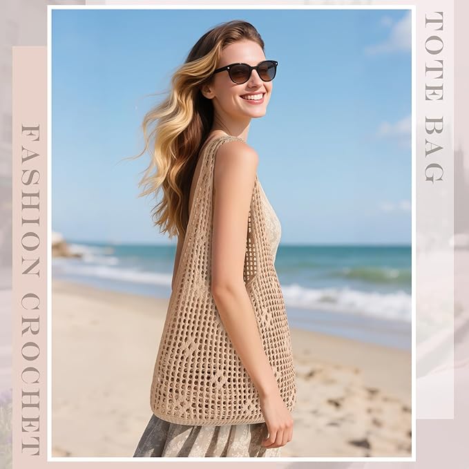 Sightor Crochet Tote Bag, Mesh Beach Bag Knit Summer Hobo Bag Vacation Boho Tote Bag for Women