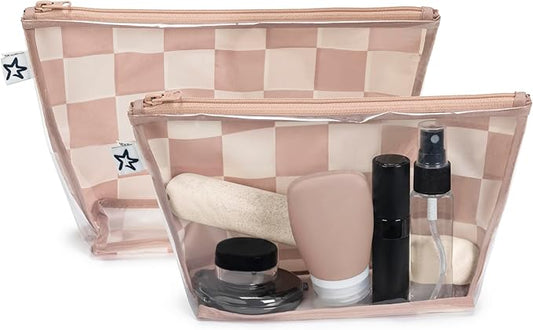 Tiny Twinkle Diaper Bag Organizing Pouches | 2 Pack Mess-Proof Travel Organizer Bags with Structured Bottom & Clear Front | TSA Approved Toiletry Bag Set for Baby and Mom Essentials (Beige Checkers)
