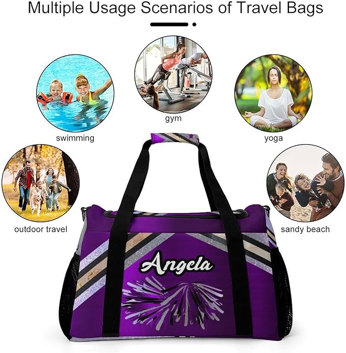 Personalized Name Travel Bag Sports Player Duffel Bags Purple Cheerleader Silver Glitter Print Perform Training Bag for Men Women Adjustable Shoulder Strap