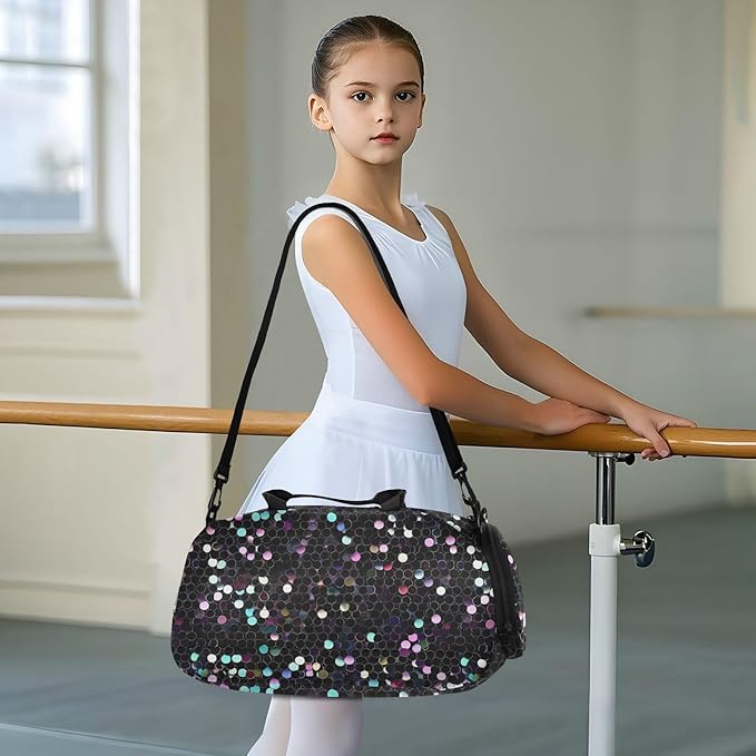 Black and Pink Fake Sequins Girl's Gym Duffel Bag with Shoes Compartment Multifunctional Sport Gym Tote Bags for Travel, Sports, Duffel, Weekender