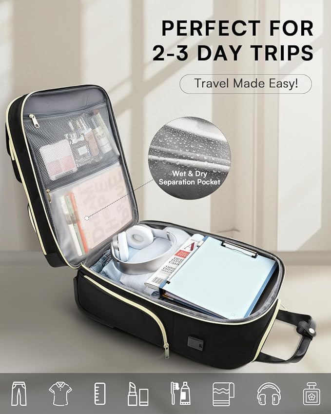 Underseat Carry On Luggage with Wheels, Airline Approved Personal Item Luggage, 16-Inch Multi-functional Underseat Luggage, Lightweight Overnight Suitcase for Women, Bussiness, Travel, Black
