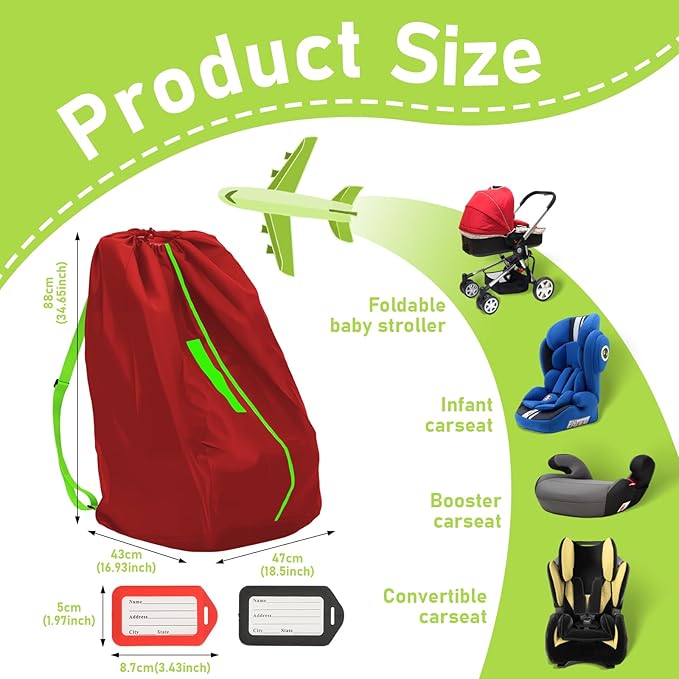 Car Seat Bags For Airplane Travel, Gate Check Bag, Durable Travel Bag with Thickened Shoulder Straps and 2pcs Luggage Tags For Airplane（Red）