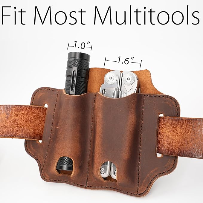 XXL EDC Leather Sheath for Leatherman Multitools, Belt Sheath Pocket Organizer for 5 inch Knives Tactical Flashlights Tools, Chestnut