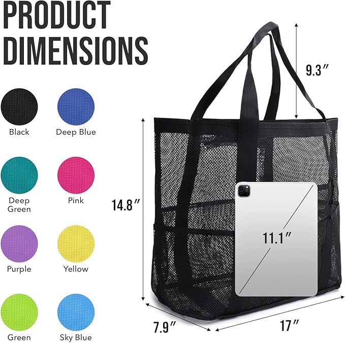 Large Mesh Beach Tote Bag, 9-Pocket Foldable Summer Vacation Beach Bag for Travel, Pool, Gym, Cruise