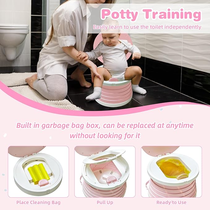 Portable Potty Chair for Toddlers with Splash-Proof Design, Foldable Travel Potty with Bag & 30 Refills - Kids Toilet for Car, Camping, Indoor - Easy Clean Baby Potty Training Seat(White-Pink)