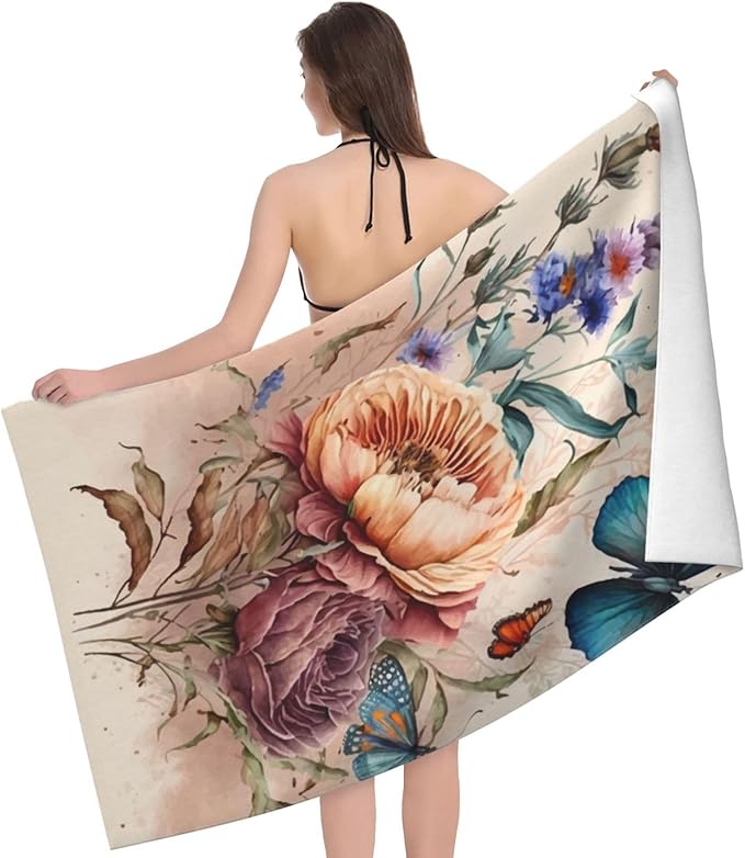 Microfiber Beach Towel, Flower Butterfly Beach Towels 32x52in,Quick Dry, Sand Free, Ultra Soft & Oversized Towel for Travel, Outdoor, Bathroom, Swimming - Ideal for Pool, Camping, Yoga, or Gift Decor