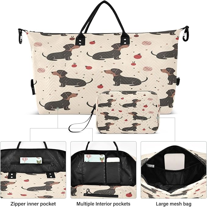 Travel Duffle Bag, Black Dachshund Gym Bag with Storage Bag Weekender Overnight Bag for Men Women Trip Sports Yoga