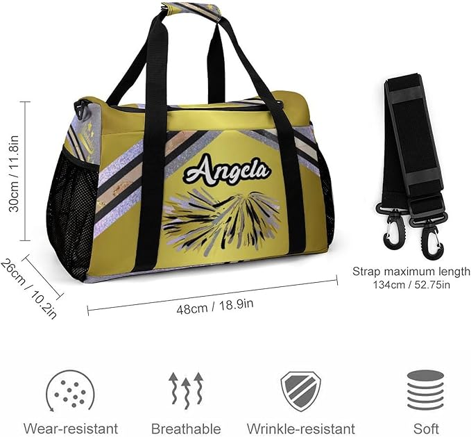 Personalized Cheerleaders Golden Silver Sparkle Print Duffle Bag with Name for Women Man Tote Bag Custom Travel Perform Training Bag Gym Bags