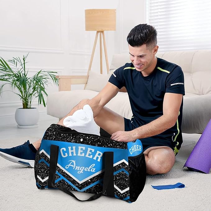 Custom Blue Black White Cheer Cheerleaders Duffel Bag with Name Adjustable Shoulder Strap Casual Bag for Teens Adults Handheld Crossbody Travel Bag