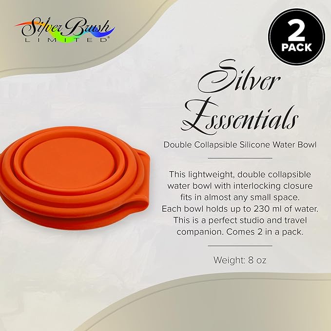 Silver Brush Limited 9055 Silver Essentials Double 230ml/7.8oz Collapsible Water Bowl with Closure, Leak-Proof Paint Brush Water Cup for Water Media, for Studio, Travel, and Plein Air, Orange, 2 Pack