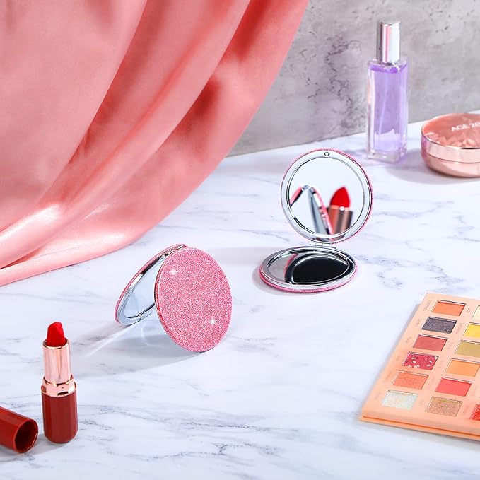 Weysat 12 Pcs Cute Pink Compact Mirrors for Women Galentine's Day, Small Magnifying Travel Makeup Mirror with Glitter, Mini Double-Sided Portable 2x/1x Magnification Folding Pocket, PU Leather, Gift