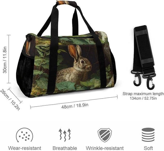 Wild Bunny Forests Leaves Plant Duffle Bag Gym Bag for Workout Travel Tote with Detachable Straps