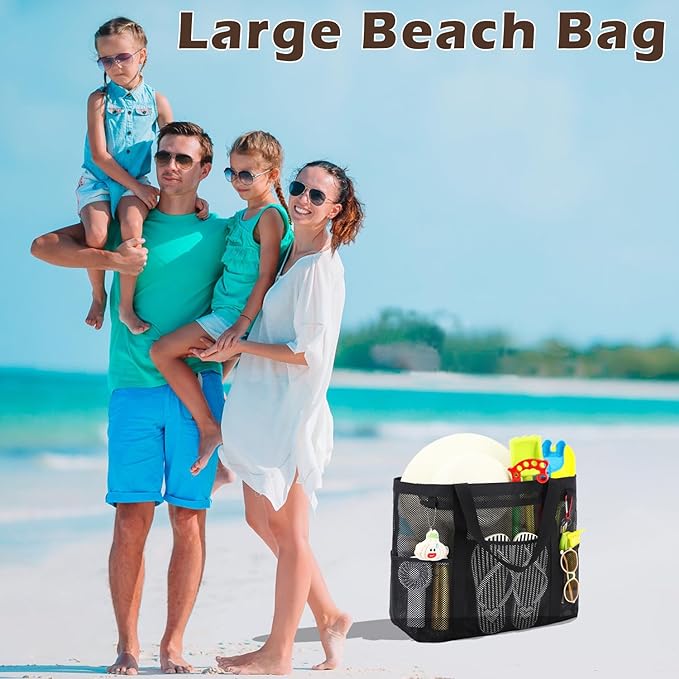 Mesh Beach Bag with Zipper, Large Beach Tote for Women, Toys Pool Swim Bag Travel Vacation Cruise Essentials