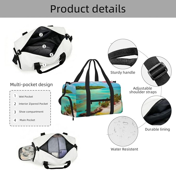 Caribbean Scenery Print Gym Bag with Shoe Compartment for Women Men, 17.7in Sports Duffle Weekender Tote, Overnight Travel Duffel Bag Carry On