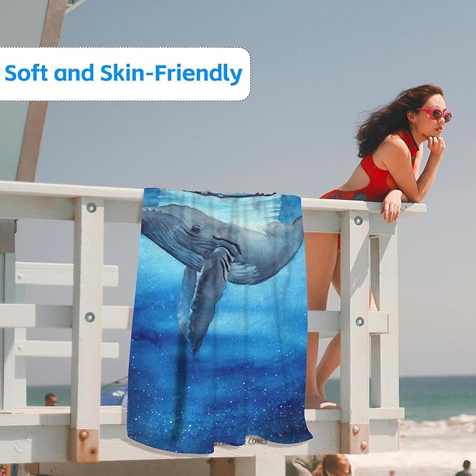 Beach Towel,Watercolor Blue Whale in Sea at Moon Night Lightweight Compact Sand Free Quick Dry Oversized Pool Swimming Towels for Girls Women Adults,29.5"×59"