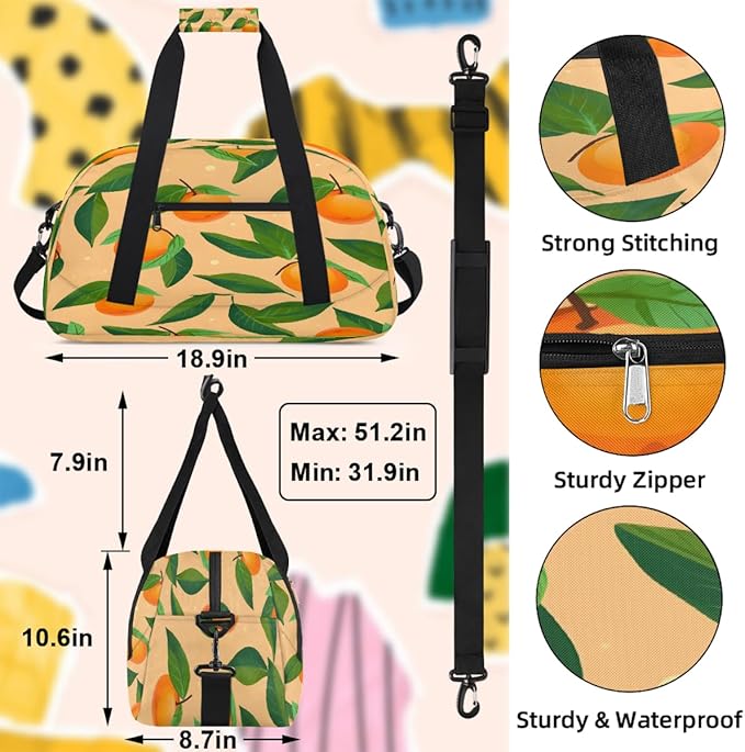 Gym Bag for Women Men, Orange Fruit Leaf Travel Duffle Bags for Dance Ballet Overnight, Carry-On Weekender Bag with Detachable Shoulder Strap
