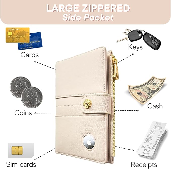 elzama Passport Holder with Airtag Slot for Travel Women, RFID Passport Wallet with Airtag Holder, Zipper Pocket Card Slots Pen Holder & Airtags Keychain (Air tag Not Included) Ivory
