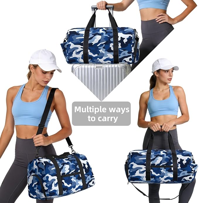 Sports Gym Bag Nave Blue Military Camo Travel Duffel Bag With Shoe Compartment Shoulder Strap, Lightweight Water-Resistant Weekend Overnight Totes For Women Men
