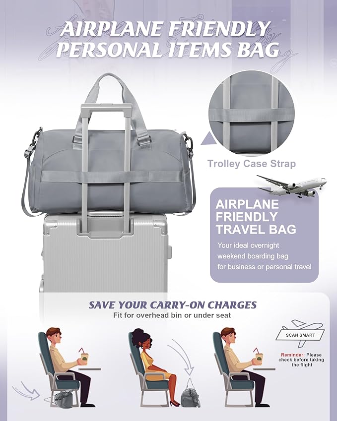 Gym Bag for Women with Shoe Compartment Lightweight Travel Duffle Bags Carry on Bag Overnight Weekender Duffel Bag with Wet Pocket Personal Item Travel Bag Tote Bag Workout Dance Bag Grey