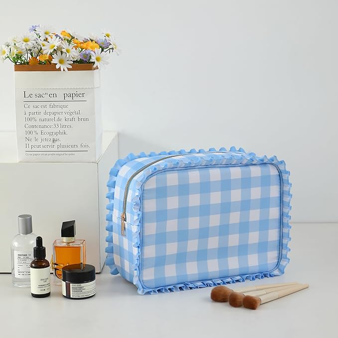 Gingham Ruffle Makeup Bag,Large Travel Cute Cosmetic Bag for Women Girls,Toiletry Bag Make up Organizer 11.8 x 4.7 x 9 inch (Blue Gingham)