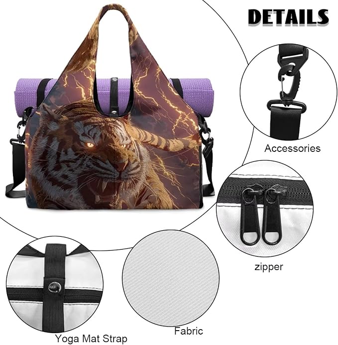 Tiger Gym Bag for Men Stylish Sports Bag with Shoe Compartment Water-Resistant Lightweight Duffel Bags with Zipper Pockets Fitness Workout Multi-Functional Yoga Mats Bags with Holder Strap