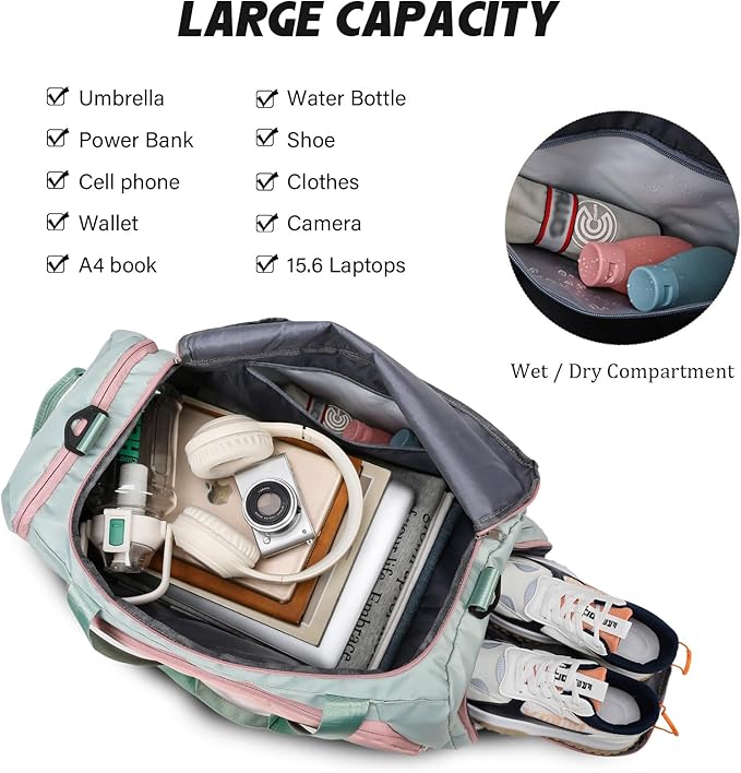 Eslcorri Gym Duffle Bag for Women Men, Sports Backpack with Wet & Shoe Compartment, Fitness Overnight Weekender Bag for Yoga, Swim, Travel (C, Pink)