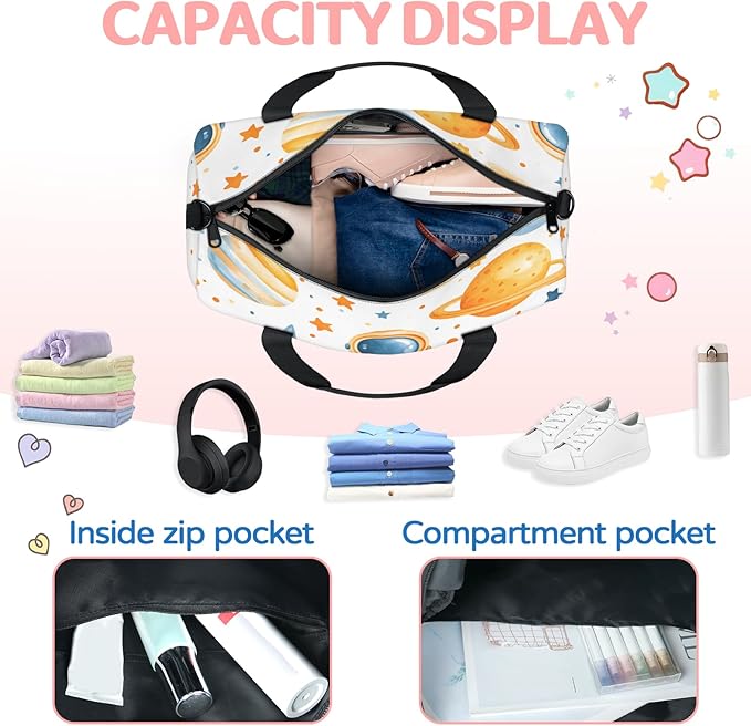 Space Theme Astronaut Travel Duffle Bag for Women Men, Overnight Weekender Bag, Carry on Tote for Sport Gym