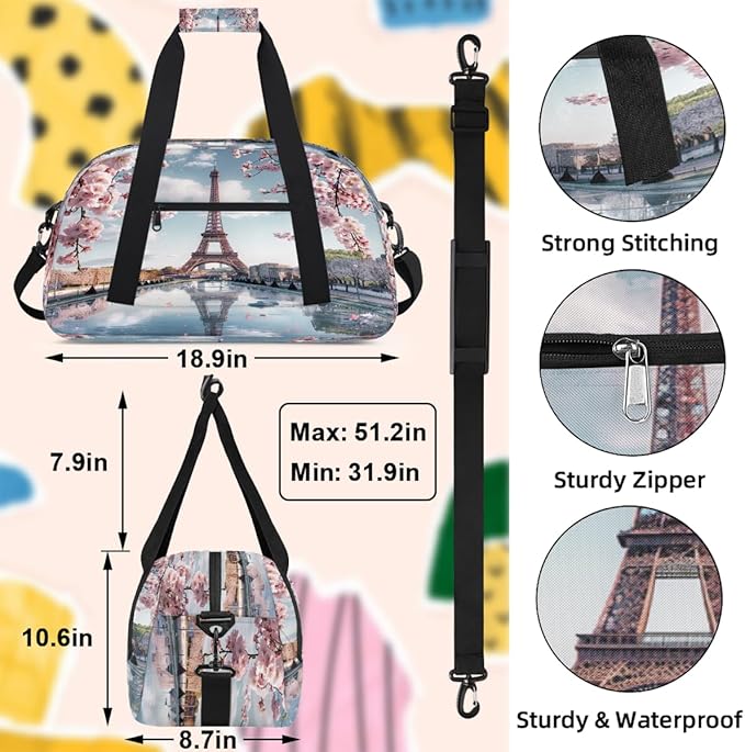 Gym Bag for Women Men, Paris Eiffel Cherry Blossom Travel Duffle Bags for Dance Ballet Overnight, Carry-On Weekender Bag with Detachable Shoulder Strap