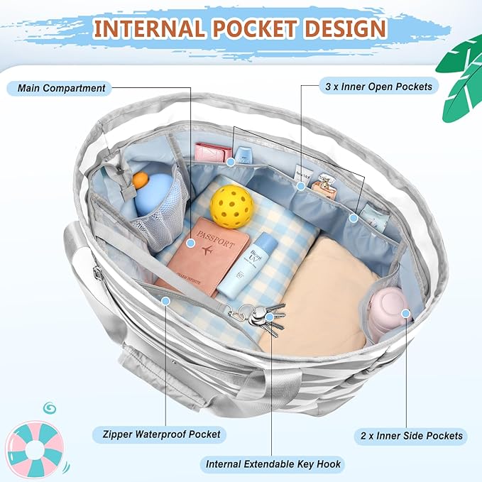 Extra Large Beach Bags for Women, Waterproof Sandproof Beach Tote Bag Foldable Swim Pool Bag with Zipper and Wet Pocket