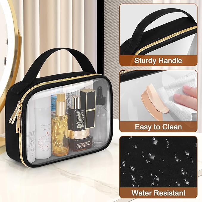 Wedama TSA Approved Toiletry Bag, 3 Pack Clear Makeup Bags with Handles, Quart Size Clear Toiletry Bags, PVC Cosmetic Bags for Women and Men, Carry on Airport Airline Compliant Bag, Black