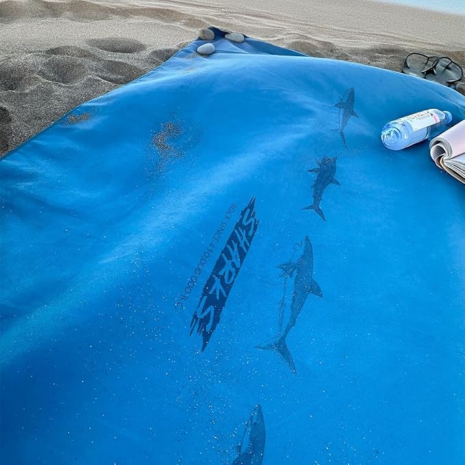 Umade Oversized Microfiber Beach Towel, L 73" x 35.5" - Sand Free Quick Dry Lightweight Travel Towel, Hanging Loop & Elastic Strap, Sharks (Ocean Blue)