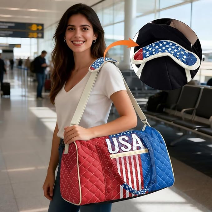 COEQINE American Flag Quilted Duffle Bag for Women Men Travel Red Blue USA Overnight Weekend Gym Carry On Luggage Bag Adjustable Shoulder Strap & Top Handle
