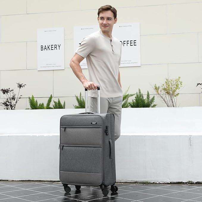 Kono 28 Inch Softside Expandable Checked Luggage with 8 Spinner Wheels TSA Lock Softshell Lightweight Business Travel Suitcase for Men and Women, Grey