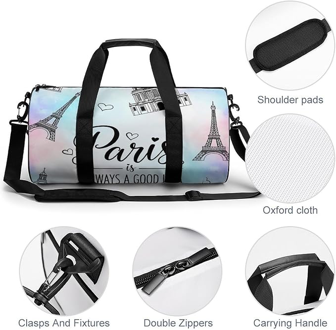 Gym Sports Duffle Bag Paris Eiffel Tower Weekender Carry on Beach Yoga Overnight Luggage Bag Travel Training Workout Bags