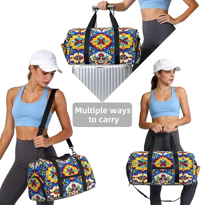 Sports Gym Bag Mexican Talavera Tiles Travel Duffel Bag With Shoe Compartment Shoulder Strap, Lightweight Water-Resistant Weekend Overnight Totes For Women Men