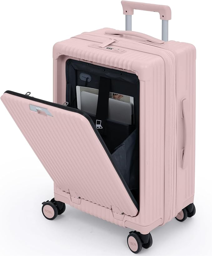 Nobl Travel Carry On Expandable Luggage, Noble Aluminum Frame PC Hard Shell Suitcase, 22.5”x14.2”x9.8” Airline Approved, 360° Spinner Wheels, TSA Locks, USB Charging, Cup & Phone Holder - Blush