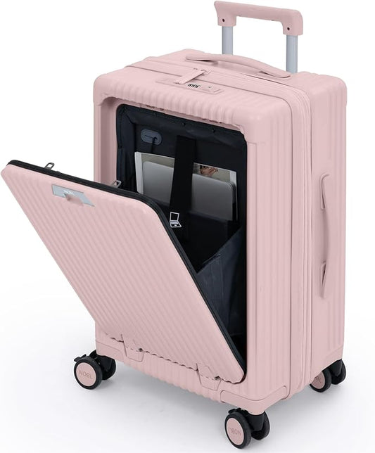Nobl Travel Carry On Expandable Luggage, Noble Aluminum Frame PC Hard Shell Suitcase, 22.5”x14.2”x9.8” Airline Approved, 360° Spinner Wheels, TSA Locks, USB Charging, Cup & Phone Holder - Blush