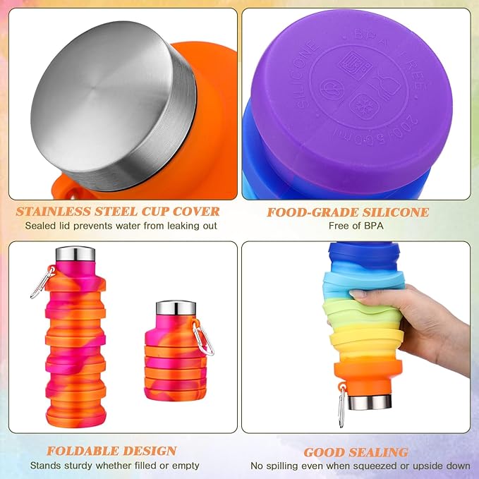 Sunnyray Collapsible Water Bottles Bulk Foldable Water Bottles 17oz Silicone Portable Leak Proof Reusable Sports with Clip for Travel Hiking Camping Outdoor(Tie-dye,20 Pack)