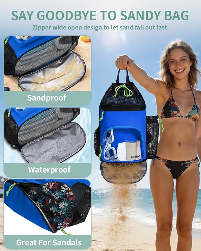 WANDF Swim Bag with Wet Pockets, Sandproof Beach Backpack with 40oz Tumbler Side Pockets, Mesh Drawstring Backpack Swim Bag for Swimming, Pool, Gym and Workout Gear (Blue)