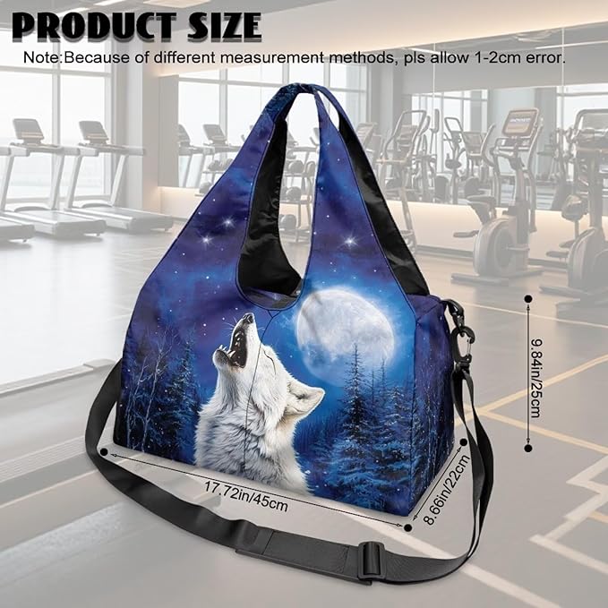 Large Capacity Wolf Gym Bag for Men with Shoe Compartment and Yoga Mats Holder Portable Blue Wolf Moon Duffel Bag with Zipper Pockets Workout Fitness Sports Tote Bag with Shoulder Strap
