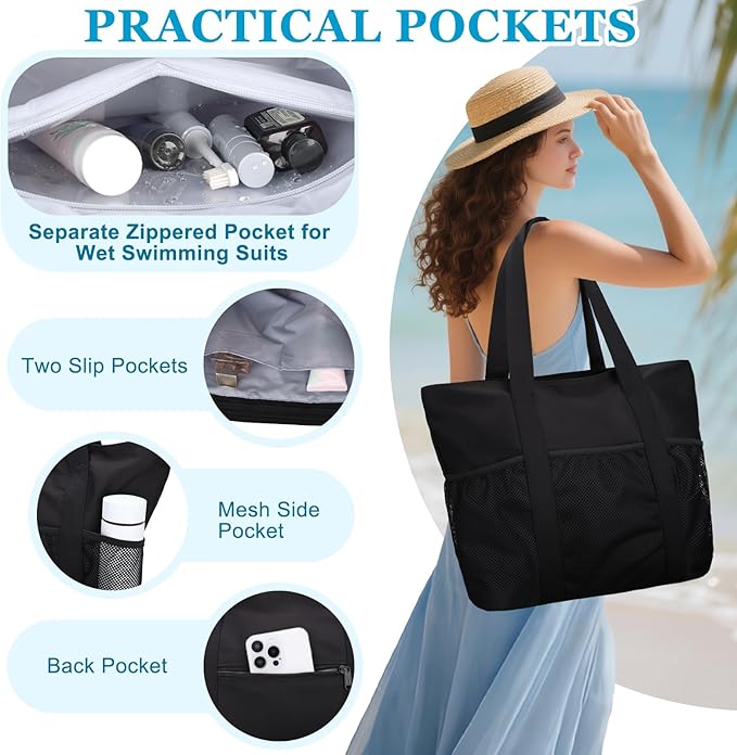 VASCHY Beach Bag for Women, Foldable Waterproof Sandproof Beach Tote with Zipper/Mesh Pockets for Vocation/Cruise/Gym/Travel