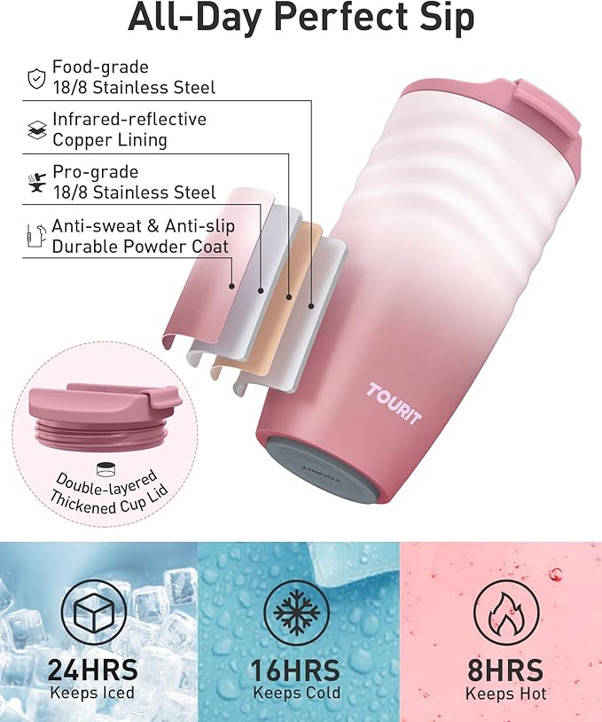 TOURIT 16 oz Travel Coffee Mug, Insulated Stainless Steel Travel Mug with Lid, Leak-Proof Double-Wall Vacuum Tumbler, Reusable Coffee Cup - Dark brown