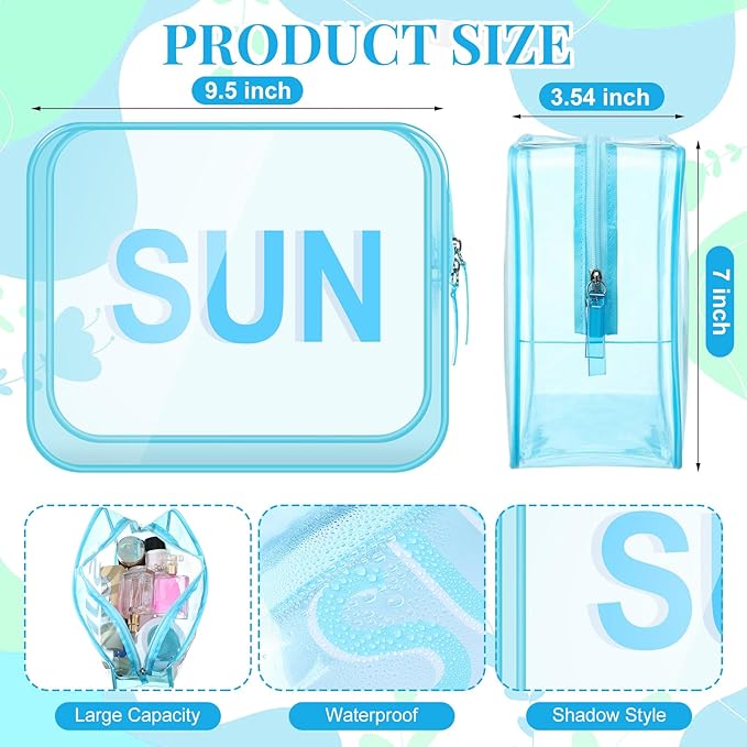 Clear Sun Bag Travel Beach Makeup Pouch 9.5" x 7" x 3.5" Large Blue Toiletry Cosmetic Bag PVC Waterproof Transparent Zippered Organizer for Women Girl Summer
