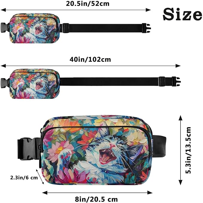 Cat Flower Oil Painting Fanny Pack for Women Men Water Resistant Fashion Waist Packs with Adjustable Strap Belt Bag for Travel Workout Jogging Hiking 21220496