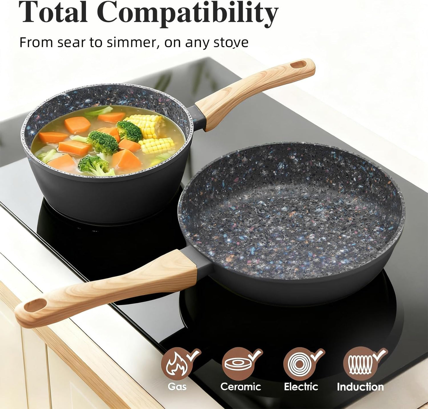 Nonstick Cookware Set, 2-Piece Non-Toxic Coated 10.25 Inch Frying Pan & Saucepan with Lid, PFOA Free Dishwasher Safe, Induction Compatible, Beginner Kitchen Pots and Pans Set, Black